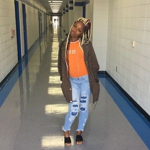 Pink satin pumas, jean skirt, jean pants